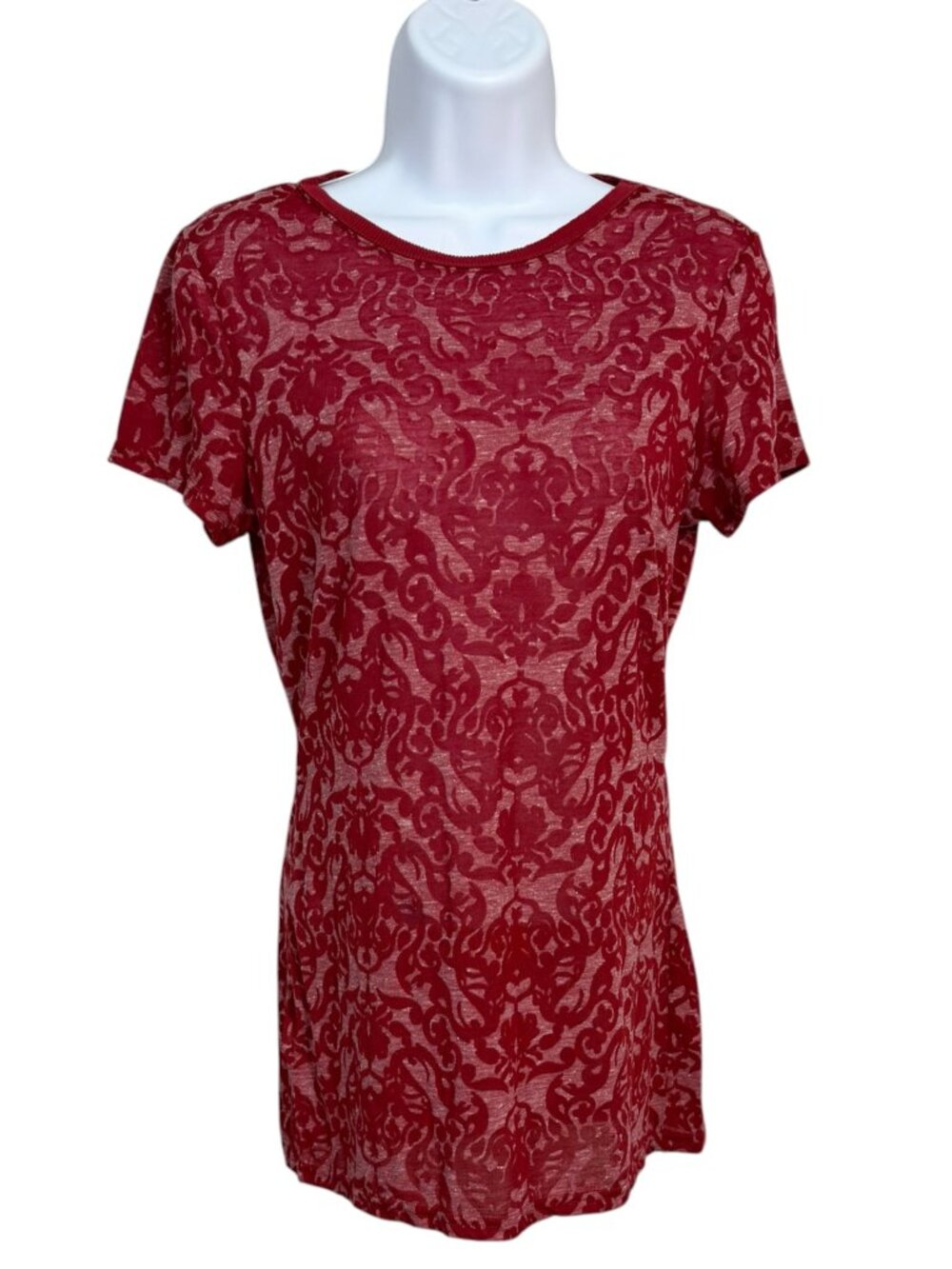 BKE Red Damask Burnout Short Sleeve Top Women's Large